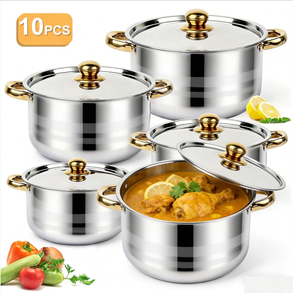 Camping Cooking Tool Set - Edelstahl-Topfset, modernes Luxus-Kochgeschirr, Silberner Körper, Goldene